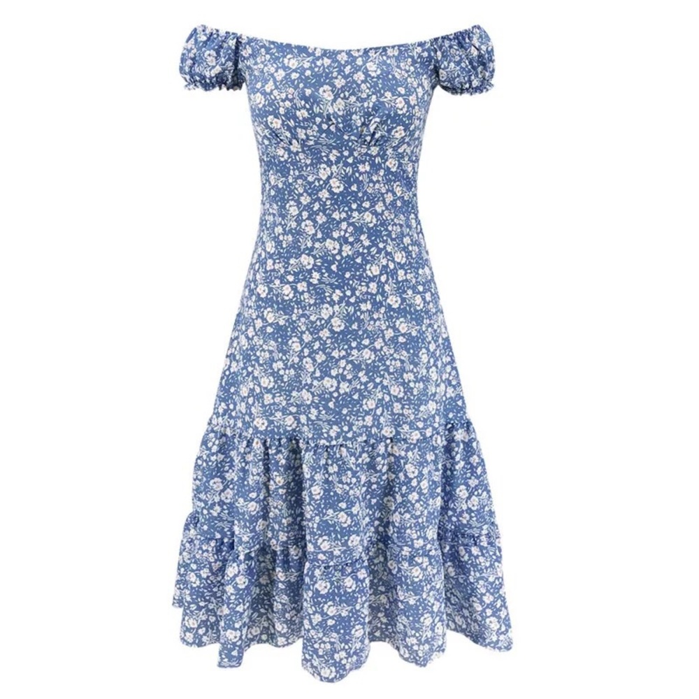 SALE⚡️Blue White Floral Off-Shoulder Midi Dress - Picture 5 of 8